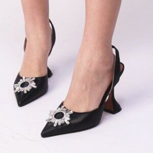 Black Women's Slingback Pointed Toe High Heel Slip On Rhinestone Wedding Sandals